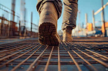 Construction Worker Walking on Steel Framework at a Building Site During Daylight in an Urban Environment