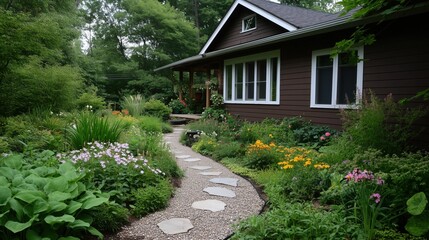 Fototapeta premium A house with a garden in front of it. The garden has a path and a bench. The house is surrounded by trees and bushes