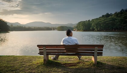 A man sits alone on a bench by the lake, staring at the water with a calm expression. A middle-aged man sat alone on a bench by the lake.