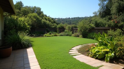 A lush green lawn with a stone walkway leading to a house. The yard is well-maintained and has a peaceful, inviting atmosphere