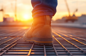 Worker Walking on Steel Grating at Sunset with Vibrant Orange Skies and Industrial Landscape in a Construction Environment