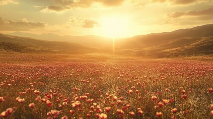 Naklejka premium Vintage Landscape with Vibrant Flowers Under a Golden Sunset