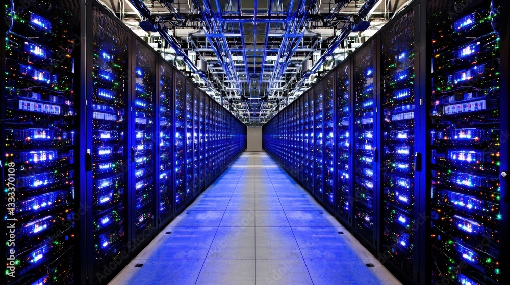 Poster a data center with rows of illuminated server racks stretching into the distance.