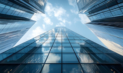 Obraz premium Tall skyscrapers reflecting clouds in a vibrant urban setting, showcasing modern architecture