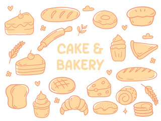 Set of icons with Cake and Bakery theme. With doodle style. For layout, website, graphic design.