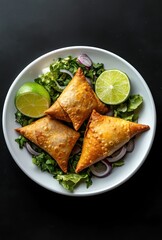 Golden crispy samosas served on a bed of fresh greens with slices of lime and onion on a dark background for culinary inspiration and food photography