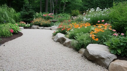 A path with a gravel walkway and a rock wall. The path is lined with flowers and plants