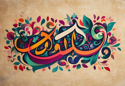 Colorful Arabic Calligraphy with Floral Patterns on Beige Background