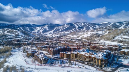 Aerial View of a Snowy Mountain Resort Town