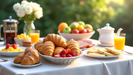 A lavish continental breakfast with croissants, eggs, ham, fruit salad, and coffee. Styled on a white tablecloth with orange juice and natural lighting for a vibrant, inviting morning vibe.