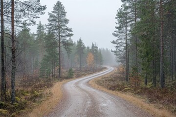 Fototapeta premium Empty rural road stretching through a misty forest, evoking a tranquil and mysterious atmosphere