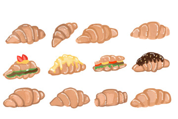 watercolor croissant different flour. Watercolor collection of croissants set on a light background. Vector Watercolor illustration of Croissant isolated on white background.
