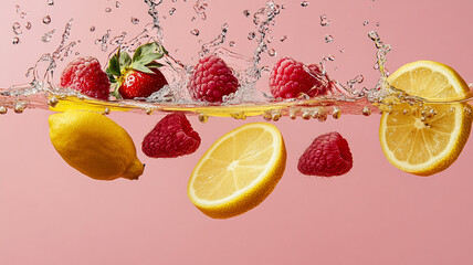 red fruits lemon and ginger falling in gas water