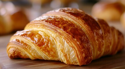 Close-up of a golden-brown croissant on a wooden board, showing its flaky layers and rich texture.