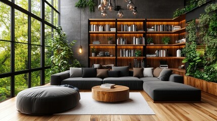 Modern, minimalist living room with large windows, lush greenery, and wooden bookshelves