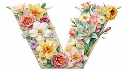 Vintage Floral Alphabet Letter V with Narcissus Flowers - Elegant Botanical Design