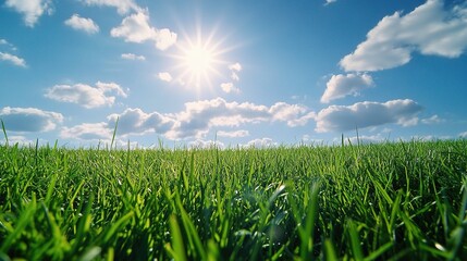 Obraz premium Serene Spring Meadow Under Bright Blue Sky with Lush Green Grass