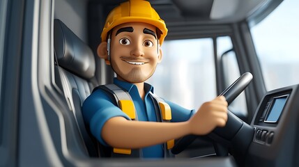 Construction worker smiling in truck cabin urban setting 3d animation