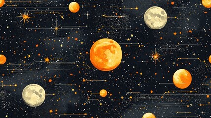 Abstract space pattern with bright moons, stars, and cosmic elements on a dark background