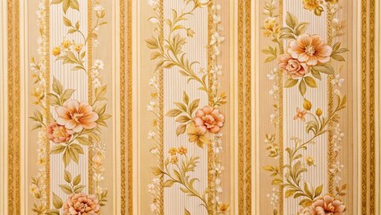 Vintage Floral Wallpaper Pattern: Macro Photography of Beige & Gold Delicate Flower Motifs with Vertical Stripes