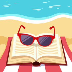 Relaxing summer reading with sunglasses on an open book at the beach