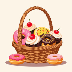 Colorful dessert basket filled with cupcakes and donuts, sweet indulgence