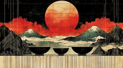 Obraz premium Tranquil Landscape with Mountains, Red Sun, and Black Bowls in Artistic Japanese Style