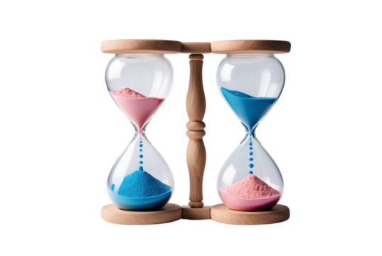  hourglass with pink sand in solid blue banner on white background
