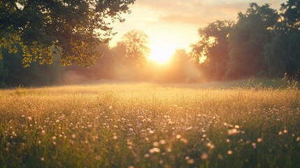 Obraz premium Serene Meadow Embraced by Soft Morning Light in a Peaceful Setting