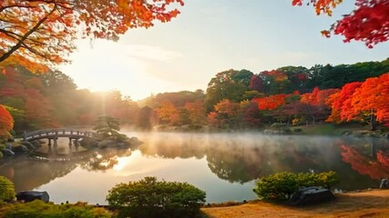 Serene Japanese Garden with Autumn Foliage and Reflection in Pond - Powered by Adobe