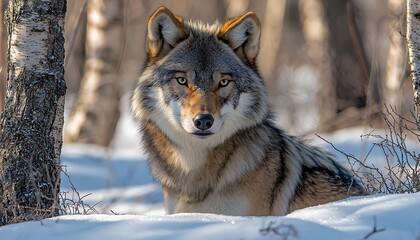 Naklejka premium Wolf Resting in Snowy Forest Glade Portrait