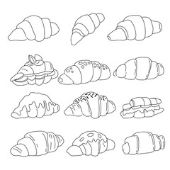 set of handrawn croissant variant different with cheese ja,, sandwitch