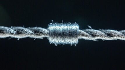 Close-up of a tightly wound silver thread joining two gray strands against a dark background.