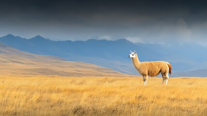 Fototapeta premium Llama in Golden Grassland Under Dramatic Sky with Mountain Background