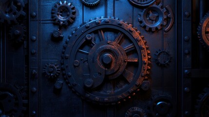 Fototapeta premium Industrial Gears and Cogs Design with Dark Blue Lighting Effects