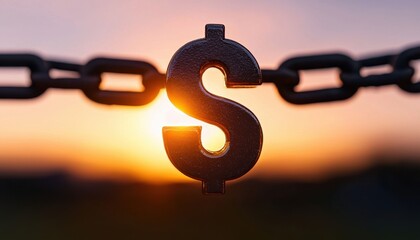 Obraz premium A close-up of a dollar symbol hanging from a chain at sunset, symbolizing finance.