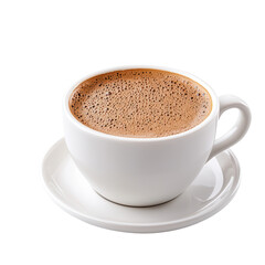 Freshly brewed coffee in a white cup on a saucer