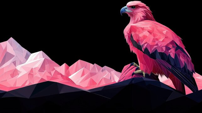 Vibrant Pink Eagle Against Abstract Geometric Mountain Landscape in Bold Colors