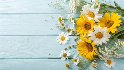 Fototapeta premium Bouquet of Yellow and White Daisies on Light Blue Wooden Surface