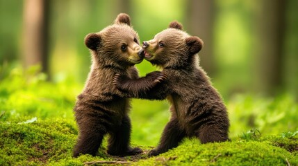 Obraz premium Playful Brown Bear Cubs in a Lush Forest