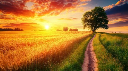 Fototapeta premium Golden Sunset over Wheat Field Path