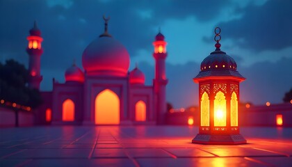 Obraz premium A serene Ramadan night scene featuring a vibrant, colorful mosque and a beautifully illuminated lantern
