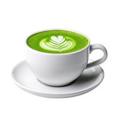Vibrant matcha latte with intricate latte art design