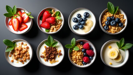 A variety of yogurt bowls with granola, fresh fruits, nuts, and mint leaves on a dark background. A vibrant and healthy breakfast display with soft, even lighting.