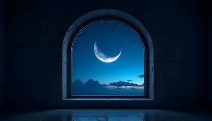 Mystical window with crescent moon in night sky, perfect for ramadan eid mubarak