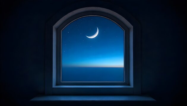 Mystical window with crescent moon in night sky, perfect for ramadan eid mubarak - Powered by Adobe