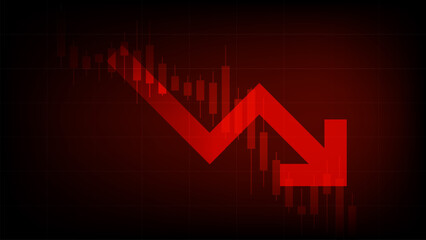 Business Arrow Down with Candle stick graph chart on a dark red background, A chart with candlesticks Forex trading graphic concept, Analysis of investment trading in the field of cryptocurrency