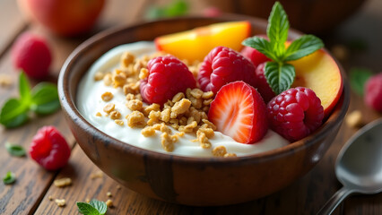 A rustic yogurt bowl with granola, raspberries, strawberries, and peaches, garnished with mint. A cozy and inviting breakfast scene on a wooden table with soft lighting.