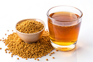 Fenugreek Seeds Soaked in Water Overnight with Amber-Tinted Drink on White Background