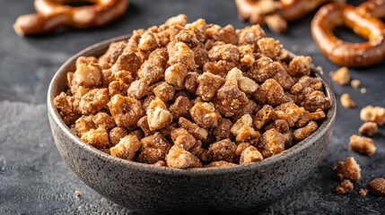 Fototapeta premium Delicious Sweet Pretzel Clusters in Bowl Crunchy Snack Food Photography